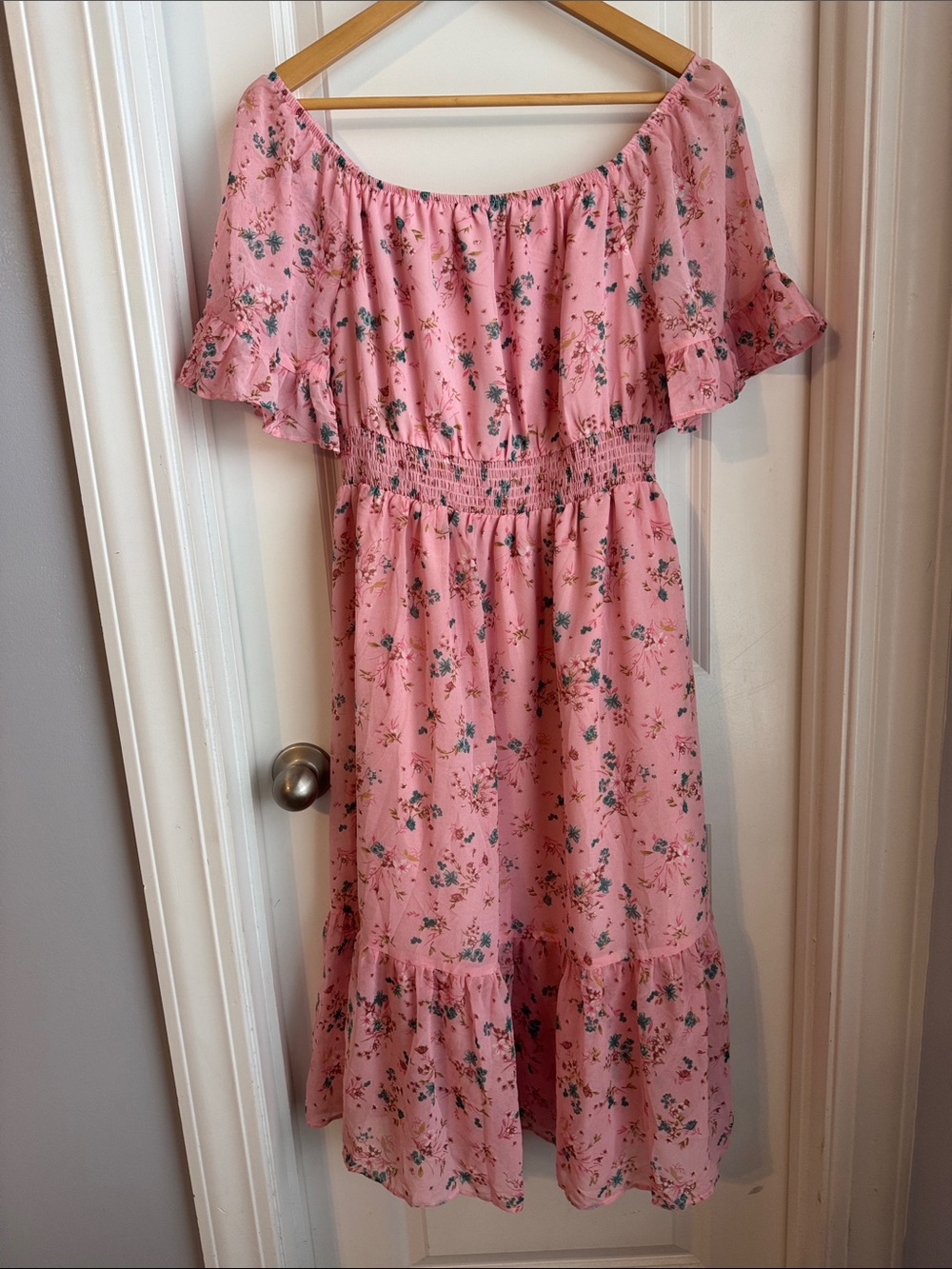 Women’s Pink Floral Off-Shoulder Dress Vafoly Size L Boho